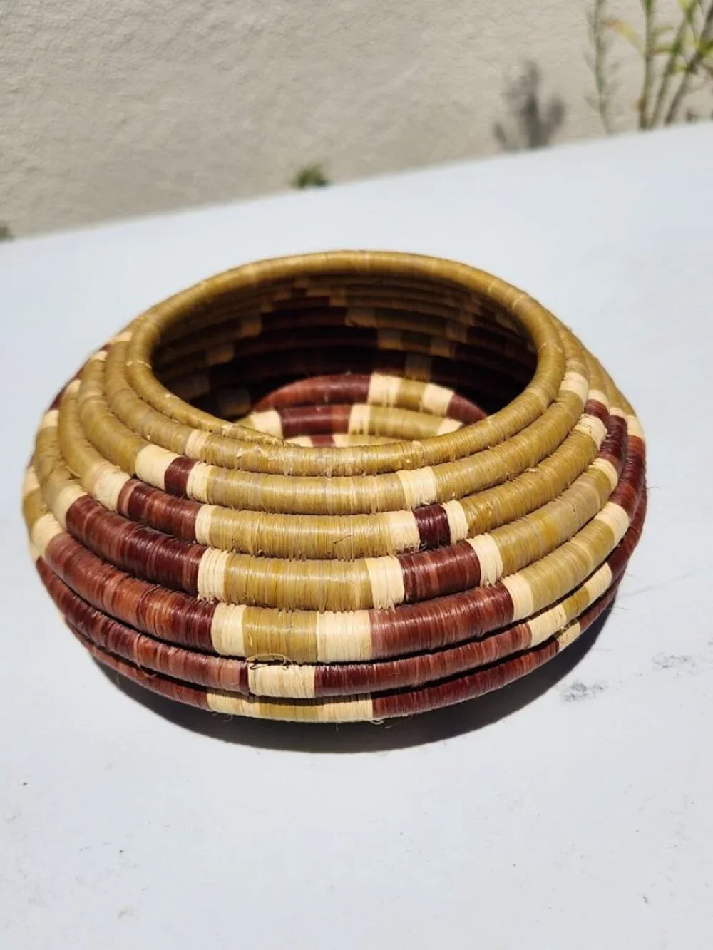 Vintage handwoven coiled basket woven with Geometric Pattern Africa Bohemian Afr